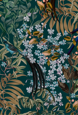 Resplendent Woods wallpaper by Deus ex Gardenia in dark green, flat sample of peacocks and pheasants in trees