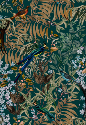 Resplendent Woods wallpaper by Deus ex Gardenia in dark green, full repeat of peacocks and pheasants in trees