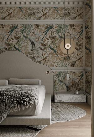 Resplendent Woods wallpaper by Deus ex Gardenia in cream and green, peacocks and pheasants in trees behind a bed