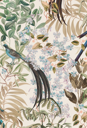 Resplendent Woods superwide wallpaper by Deus ex Gardenia in cream and green, full repeat of peacocks and pheasants in trees