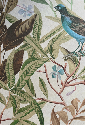 Resplendent Woods superwide wallpaper by Deus ex Gardenia in cream and green, close-up of peacocks and pheasants in trees