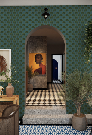 Little Palma vinyl wallpaper by Deus ex Gardenia in teal, rows of palm trees in an entryway