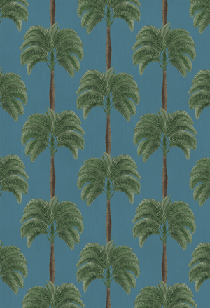 Little Palma vinyl wallpaper by Deus ex Gardenia in teal, flat sample of rows of palm trees