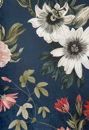 Beechcroft Garden wallpaper by Deus ex Gardenia in navy, close-up of garden flowers and foliage
