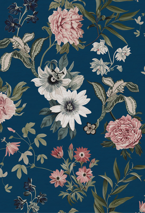 Beechcroft Garden wallpaper by Deus ex Gardenia in navy, flat sample of garden flowers and foliage