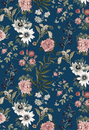 Beechcroft Garden wallpaper by Deus ex Gardenia in navy, full repeat of garden flowers and foliage