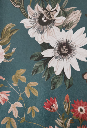 Beechcroft Garden wallpaper by Deus ex Gardenia in teal, detail of garden flowers and foliage