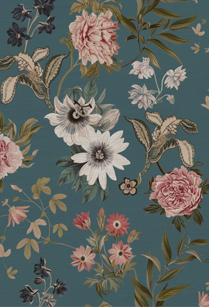 Beechcroft Garden wallpaper by Deus ex Gardenia in teal, full repeat of garden flowers and foliage