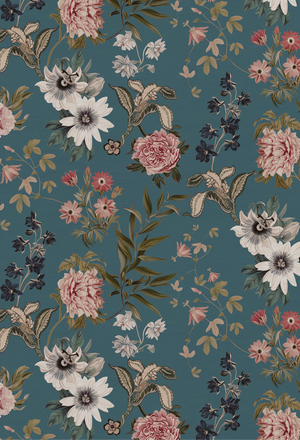 Beechcroft Garden wallpaper by Deus ex Gardenia in teal, pattern sample of garden flowers and foliage