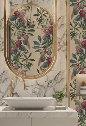 Passiflora wallpaper by Deus ex Gardenia in cream, parrots and passion flowers in a bathroom setting