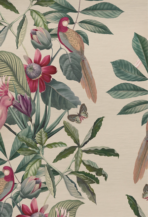 Passiflora wallpaper by Deus ex Gardenia in cream, pattern sample of parrots and passion flowers