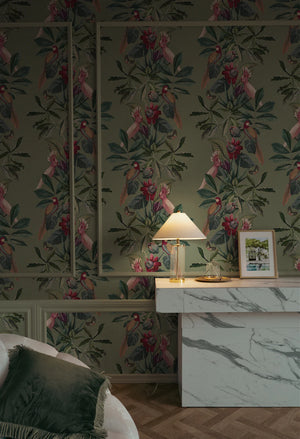 Passiflora wallpaper by Deus ex Gardenia in sage green, parrots and passion flowers in a bathroom