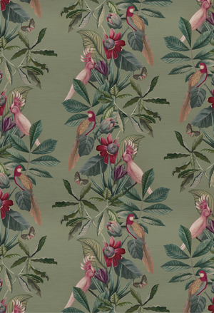 Passiflora wallpaper by Deus ex Gardenia in sage green, full repeat of parrots and passion flowers