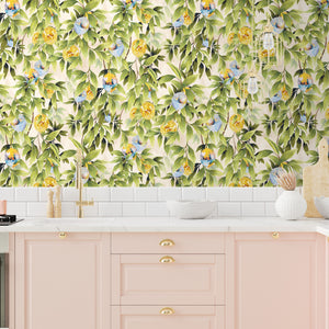 Disco Lemons wallpaper by Brand McKenzie in white, lemon branches with disco balls in a kitchen