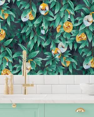 Disco Lemons wallpaper by Brand McKenzie in teal, lemon branches with disco balls in a kitchen
