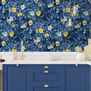 Disco Lemons wallpaper by Brand McKenzie in blue, lemon branches with disco balls in a kitchen