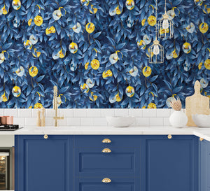 Disco Lemons wallpaper by Brand McKenzie in blue, lemon branches with disco balls in a kitchen