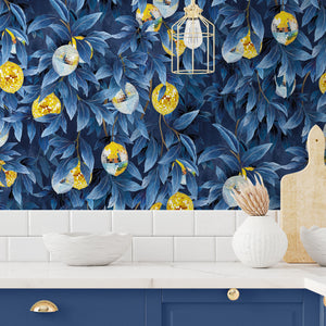 Disco Lemons wallpaper by Brand McKenzie in blue, close-up of lemon branches with disco balls
