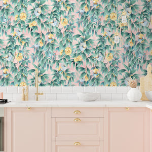 Disco Lemons wallpaper by Brand McKenzie in teal, lemon branches with disco balls behind bar stools