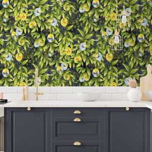 Disco Lemons wallpaper by Brand McKenzie in grey, lemon branches with disco balls behind bar stools