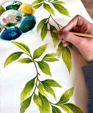 Disco Lemons wallpaper by Brand McKenzie in green, the artist's artwork in progress showing lemon branches with disco balls