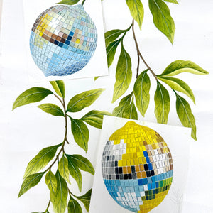 Disco Lemons wallpaper by Brand McKenzie, the artist working on the design showing lemon branches with disco balls
