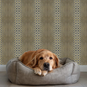 Halo Boulevard wallpaper by Liberty James Studio in gold, a geometric halo pattern in a styled room setting