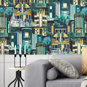 Downtown Deco wallpaper by Brand McKenzie in indigo blue, close-up of Art Deco skyscrapers
