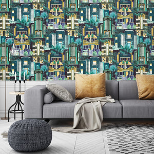 Downtown Deco wallpaper by Brand McKenzie in teal, Art Deco skyscrapers in a living room