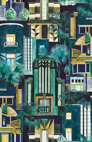 Downtown Deco wallpaper by Brand McKenzie in teal, Art Deco skyscrapers behind a sofa in a living room