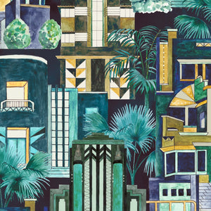 Downtown Deco wallpaper by Brand McKenzie in teal, detail of Art Deco skyscrapers