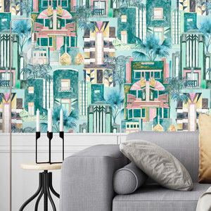 Downtown Deco wallpaper by Brand McKenzie in mint green, Art Deco skyscrapers on a living room wall