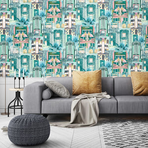 Downtown Deco wallpaper by Brand McKenzie in mint green, Art Deco skyscrapers in a living room
