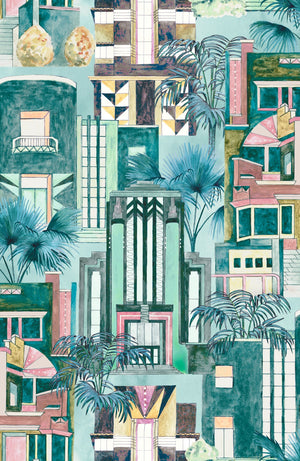 Downtown Deco wallpaper by Brand McKenzie in mint green, pattern detail of Art Deco skyscrapers