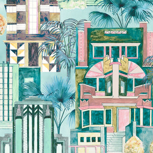 Downtown Deco wallpaper by Brand McKenzie in mint green, close view of Art Deco skyscrapers
