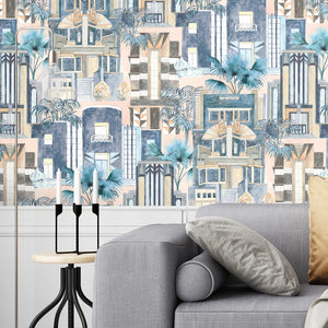 Downtown Deco wallpaper by Brand McKenzie in pale blue, Art Deco skyscrapers on a living room wall
