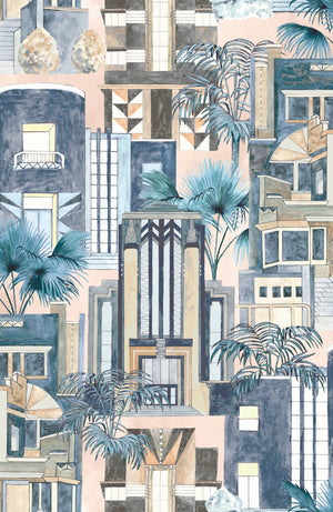 Downtown Deco wallpaper by Brand McKenzie in pale blue, detail of Art Deco skyscrapers