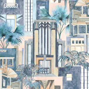 Downtown Deco wallpaper by Brand McKenzie in pale blue, close-up of Art Deco skyscrapers