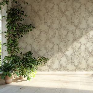 Eden wallpaper by Victoria Sanders in green, birds among foliage in a styled room setting