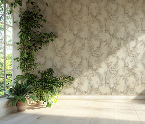 Eden wallpaper by Victoria Sanders in green, birds among foliage in a styled room setting