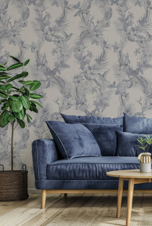 Eden wallpaper by Victoria Sanders in blue, birds among foliage in a living room