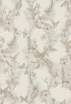 Eden wallpaper by Victoria Sanders in cream, pattern sample of birds among foliage