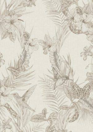 Eden wallpaper by Victoria Sanders in cream, full repeat of birds among foliage