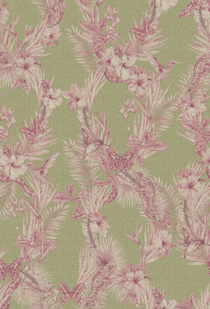 Eden wallpaper by Victoria Sanders in green, flat sample of birds among foliage