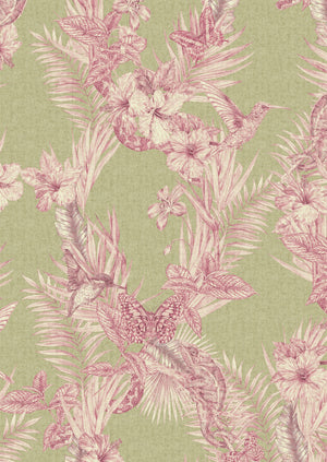 Eden wallpaper by Victoria Sanders in green, full repeat of birds among foliage