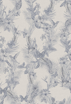 Eden wallpaper by Victoria Sanders in blue, flat sample of birds among foliage