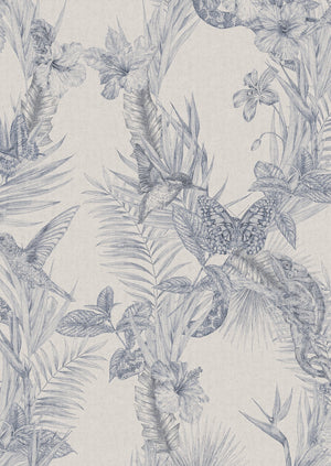 Eden wallpaper by Victoria Sanders in blue, pattern sample of birds among foliage