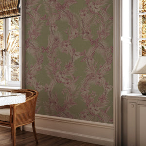 Eden wallpaper by Victoria Sanders in green, birds among foliage in a hallway