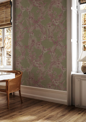 Eden wallpaper by Victoria Sanders in green, birds among foliage in a hallway
