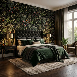 Eden wallpaper by Deus ex Gardenia in black, lush leaves and fruit in a bedroom